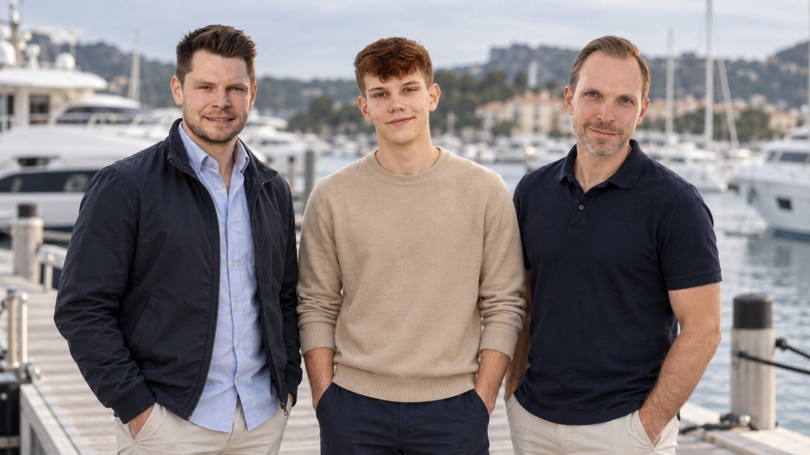 Benjamin, Nicolas und Patrick, die drei Brüder hinter dem Yacht Simulator, auf einem Steg in der Marina