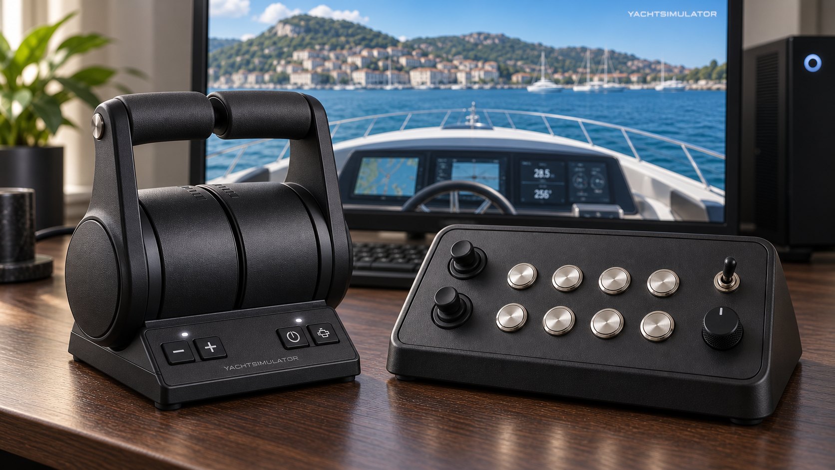 Hardware-Konzept des Yacht Simulators: Doppel-Gashebel links, Thruster- und Schalterkonsole rechts, daneben ein PC mit laufender Motoryacht-Simulation
